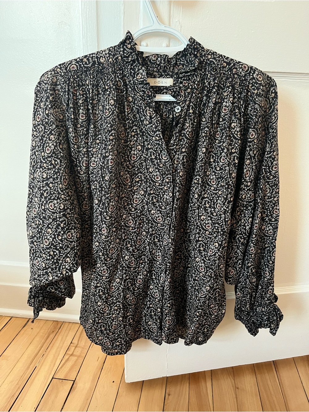 Doen Black Paisley Smocked-Yoke V-Neck Blouse with Pink Accents